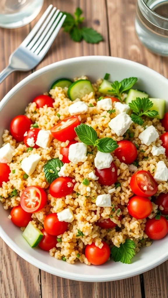 A colorful Mediterranean quinoa salad with tomatoes, cucumbers, parsley, and feta cheese on a rustic table.